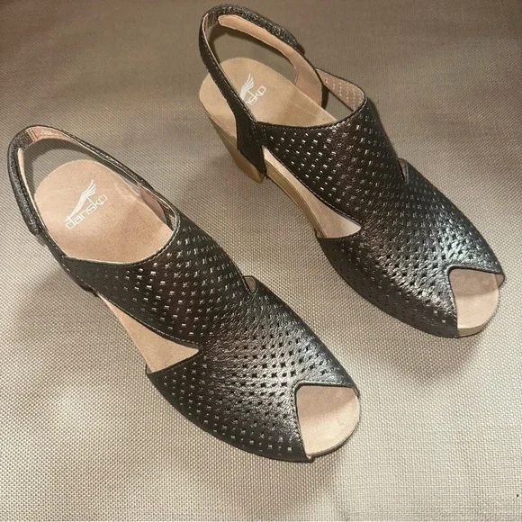 Dansko Teagan Leather Heeled Peep Toe Sandals EU 41 US 10.5-11 Gunmetal NEW